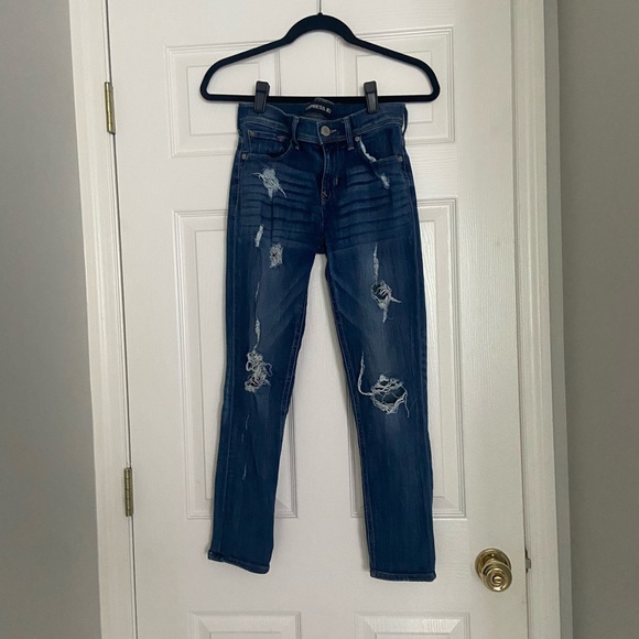 Express Jeans Mid Rise Cropped Legging, Distressed, Medium Wash, Size 2